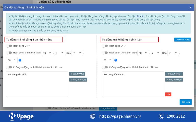 Ở tính năng “Hệ thống sẽ tự động gửi trả lời bình luận đến bằng một bình luận” và nhấn chọn “Cài đặt”